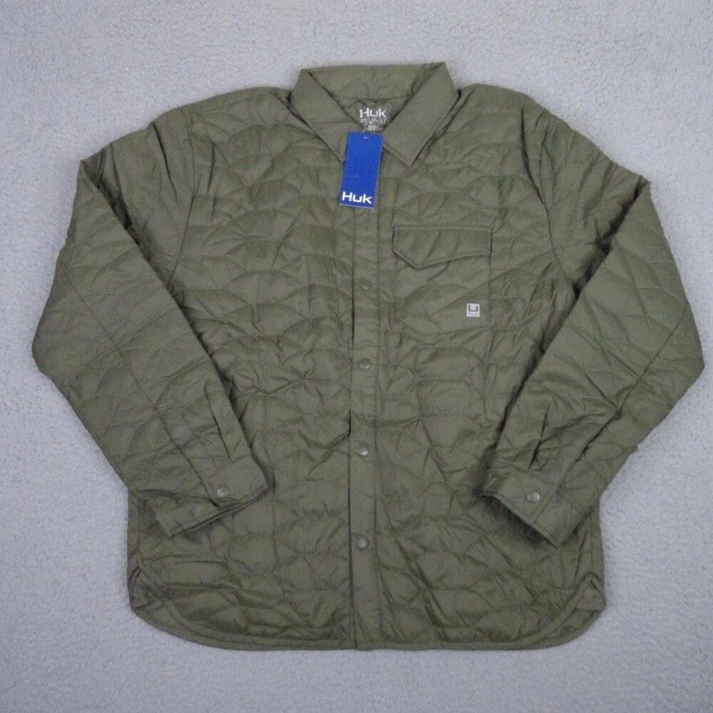 Huk Tarpon Quilt Shacket Mens Medium Green Nylon Snap Front Fishing Jacket NWT